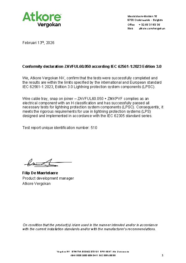 Declaration ZAVFUL60.050 according IEC 62561-12023 (12-02-2026)